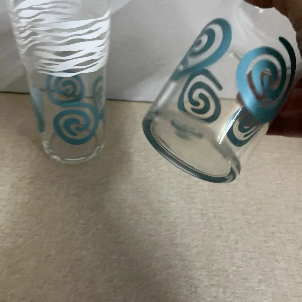2- Vtg Federal Glass MC Tumblers Teal Swirl Circles 6 1/4